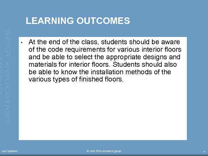 LEARNING OUTCOMES • Last Updated: At the end of the class, students should be