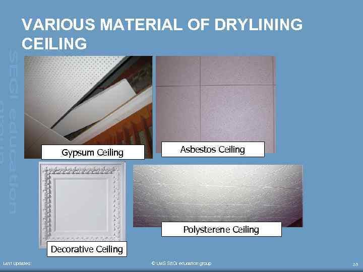 VARIOUS MATERIAL OF DRYLINING CEILING Gypsum Ceiling Asbestos Ceiling Polysterene Ceiling Decorative Ceiling Last