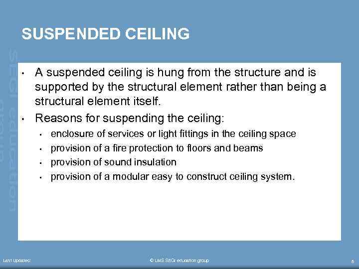 SUSPENDED CEILING • • A suspended ceiling is hung from the structure and is