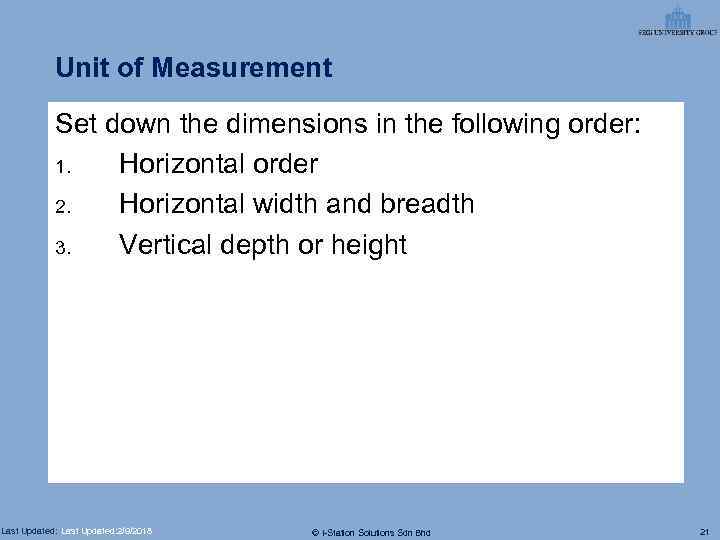 Unit of Measurement Set down the dimensions in the following order: 1. Horizontal order
