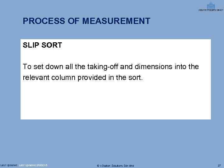 PROCESS OF MEASUREMENT SLIP SORT To set down all the taking-off and dimensions into