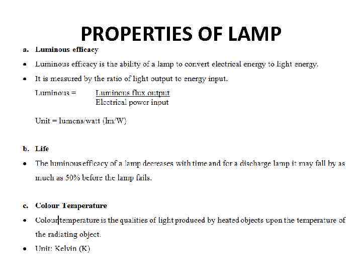 PROPERTIES OF LAMP 