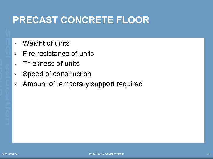 PRECAST CONCRETE FLOOR • • • Last Updated: Weight of units Fire resistance of