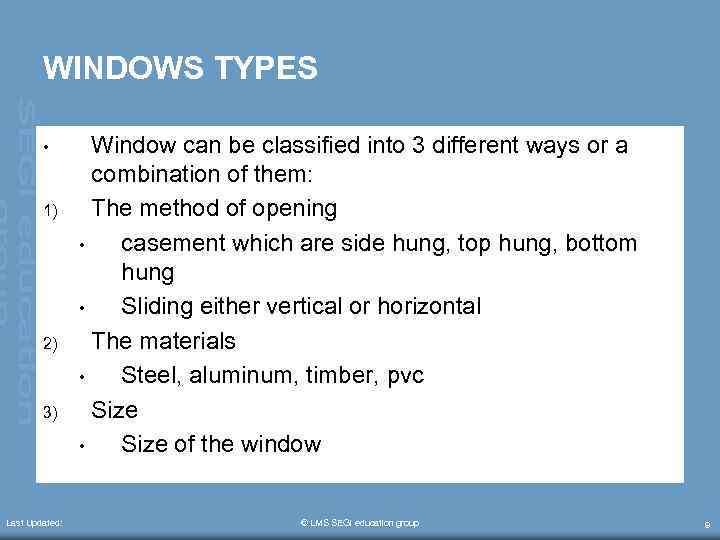 WINDOWS TYPES • 1) 2) 3) Last Updated: Window can be classified into 3