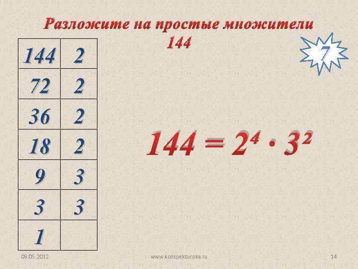 Разложите на простые множители 144 72 36 18 9 3 1 09. 05. 2012