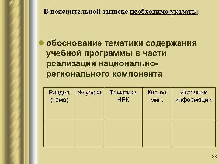 В пояснительной записке необходимо указать: l обоснование тематики содержания учебной программы в части реализации