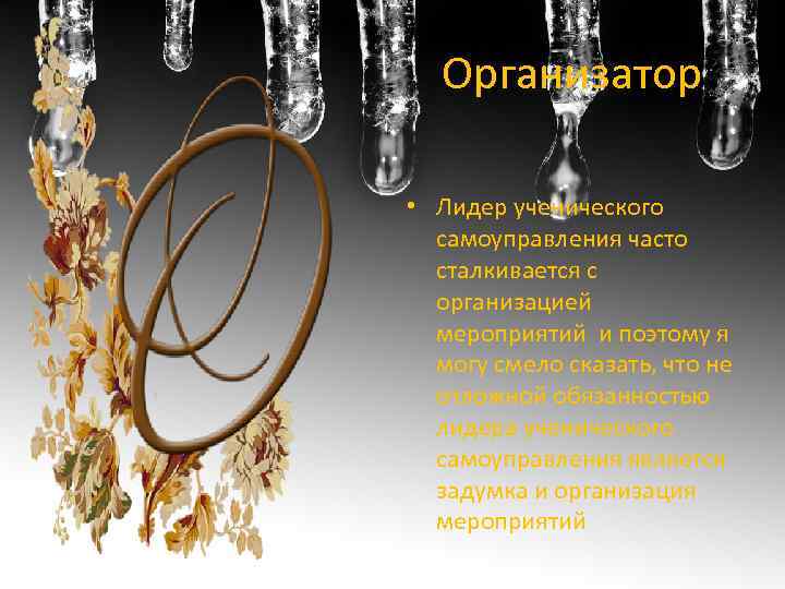 Организатор • Лидер ученического самоуправления часто сталкивается с организацией мероприятий и поэтому я могу