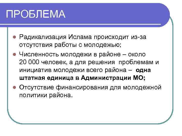 ПРОБЛЕМА Радикализация Ислама происходит из-за отсутствия работы с молодежью; l Численность молодежи в районе