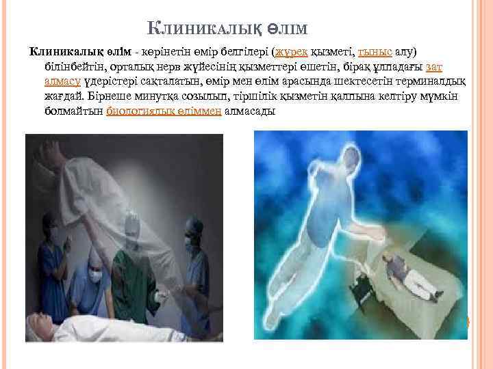 КЛИНИКАЛЫҚ ӨЛІМ Клиникалық өлім - көрінетін өмір белгілері (жүрек қызметі, тыныс алу) білінбейтін, орталық