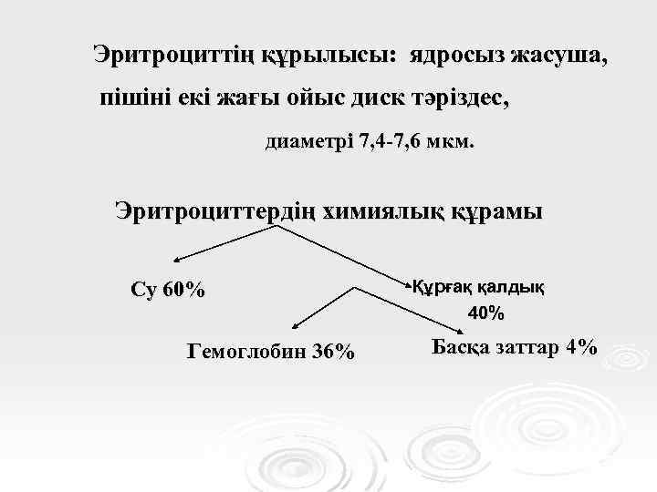 Эритроциттің құрылысы: ядросыз жасуша, пішіні екі жағы ойыс диск тәріздес, диаметрі 7, 4 -7,