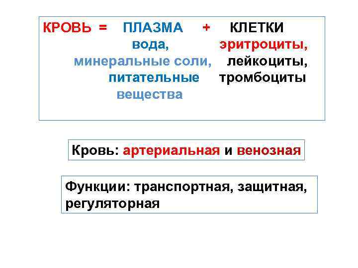 КРОВЬ = ПЛАЗМА + КЛЕТКИ вода, эритроциты, минеральные соли, лейкоциты, питательные тромбоциты вещества Кровь: