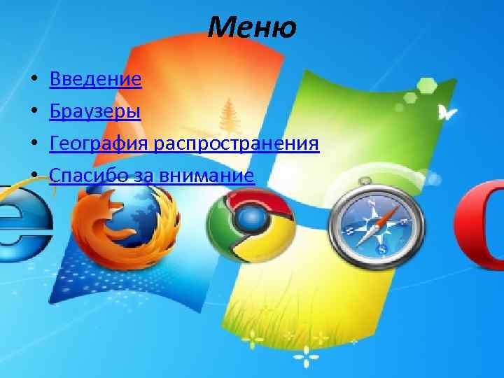 Меню • • Введение Браузеры География распространения Спасибо за внимание 