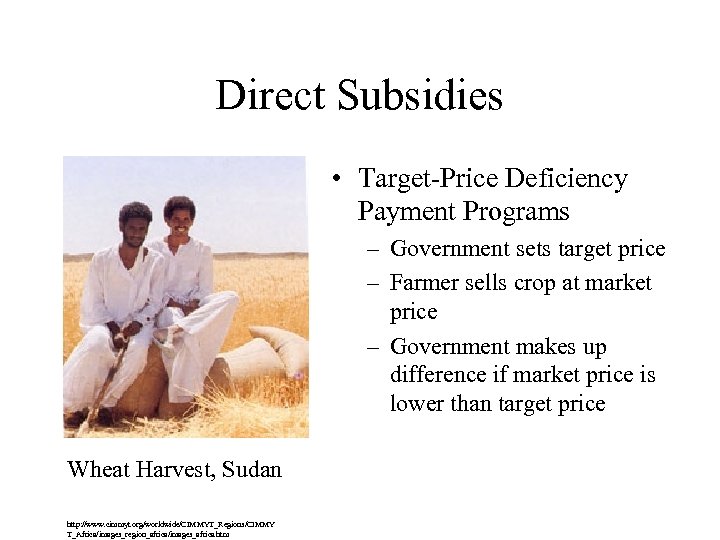 Direct Subsidies • Target-Price Deficiency Payment Programs – Government sets target price – Farmer