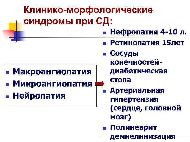 Клинико-морфологические синдромы при СД: n n n Макроангиопатия Микроангиопатия Нейропатия n n Нефропатия 4