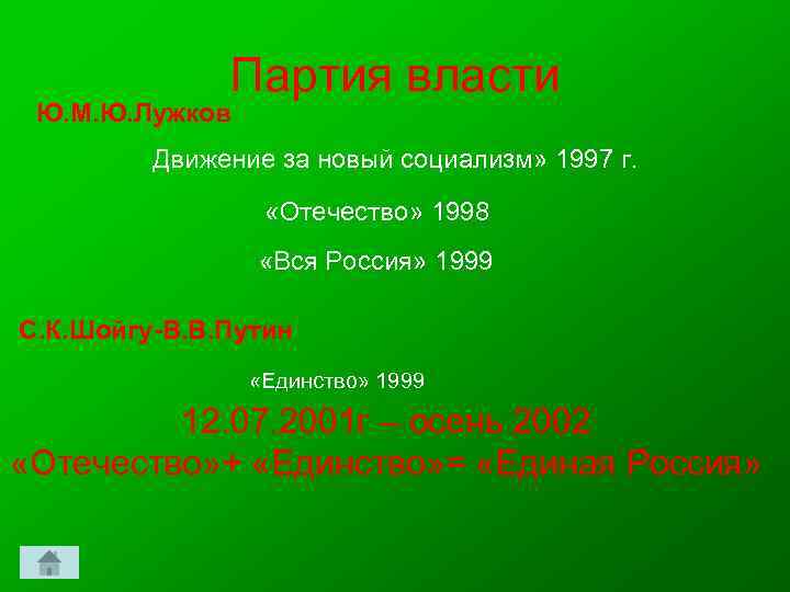 Партия власти Ю. М. Ю. Лужков Движение за новый социализм» 1997 г. «Отечество» 1998