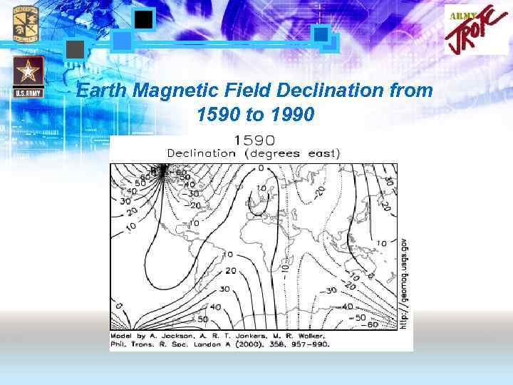 Earth Magnetic Field Declination from 1590 to 1990 