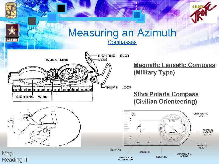 Measuring an Azimuth Compasses Magnetic Lensatic Compass (Military Type) Silva Polaris Compass (Civilian Orienteering)