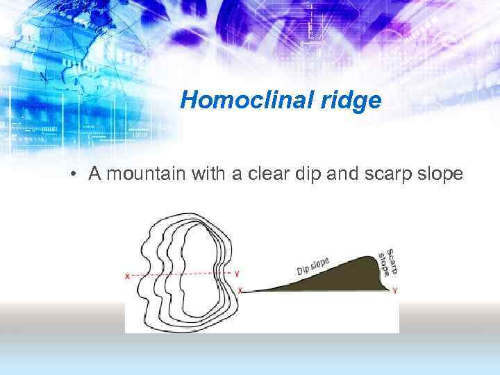 Homoclinal ridge • A mountain with a clear dip and scarp slope 