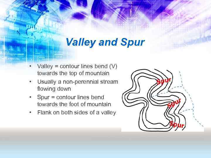 Valley and Spur • Valley = contour lines bend (V) towards the top of