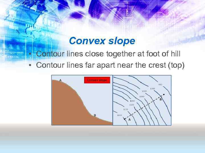 Convex slope • Contour lines close together at foot of hill • Contour lines