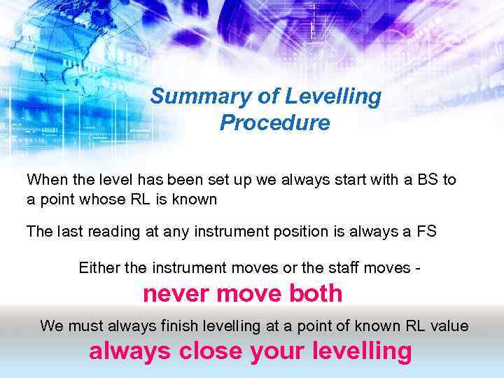 Summary of Levelling Procedure When the level has been set up we always start