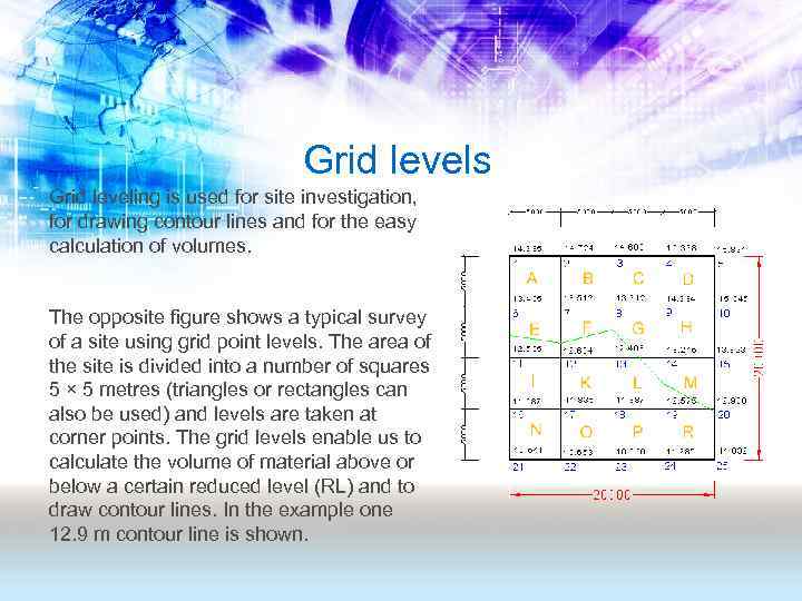 Grid levels Grid leveling is used for site investigation, for drawing contour lines and