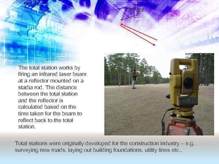reflector The total station works by firing an infrared laser beam at a reflector
