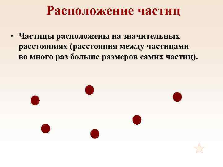 Расположение частиц • Частицы расположены на значительных расстояниях (расстояния между частицами во много раз