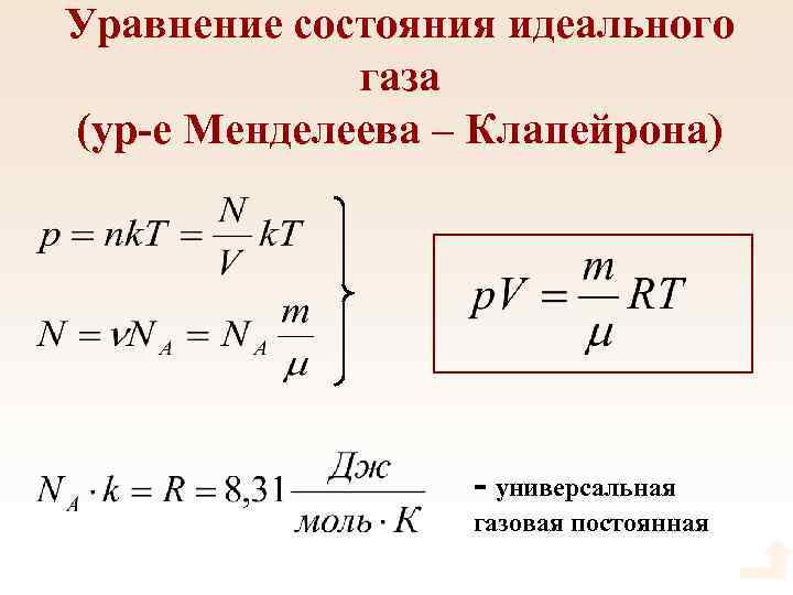 Уравнение состояния идеального газа (ур-е Менделеева – Клапейрона) - универсальная газовая постоянная 
