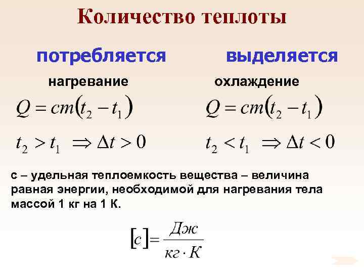 Количество теплоты потребляется нагревание выделяется охлаждение с – удельная теплоемкость вещества – величина равная