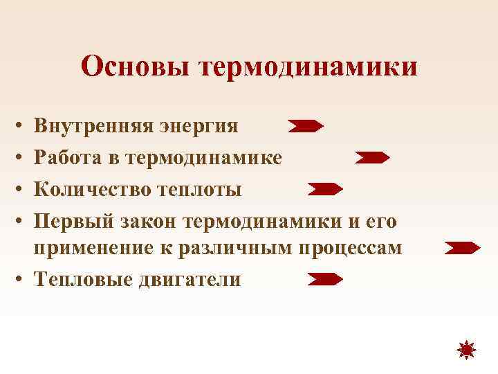 Основы термодинамики • • Внутренняя энергия Работа в термодинамике Количество теплоты Первый закон термодинамики