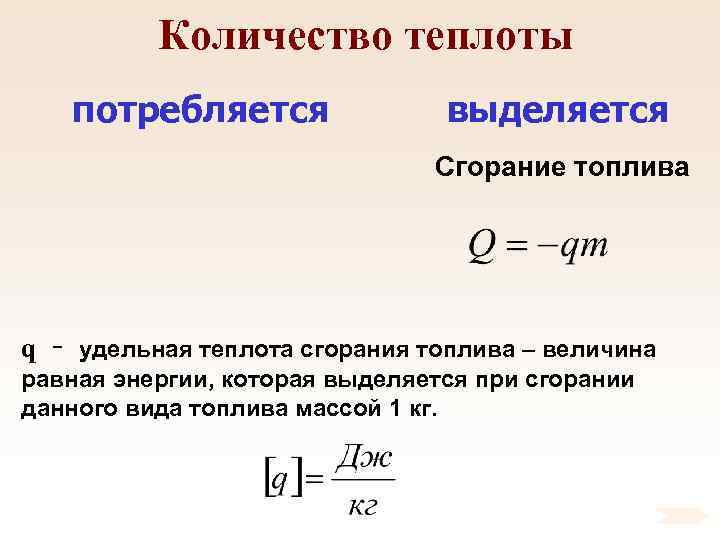 Количество теплоты потребляется выделяется Сгорание топлива q – удельная теплота сгорания топлива – величина