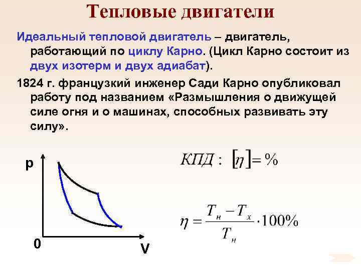 Тепловые двигатели Идеальный тепловой двигатель – двигатель, работающий по циклу Карно. (Цикл Карно состоит
