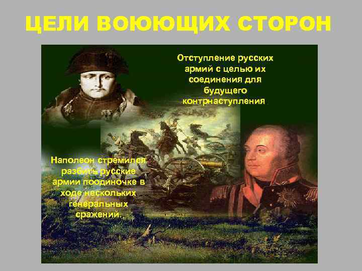ЦЕЛИ ВОЮЮЩИХ СТОРОН Отступление русских армий с целью их соединения для будущего контрнаступления. Наполеон