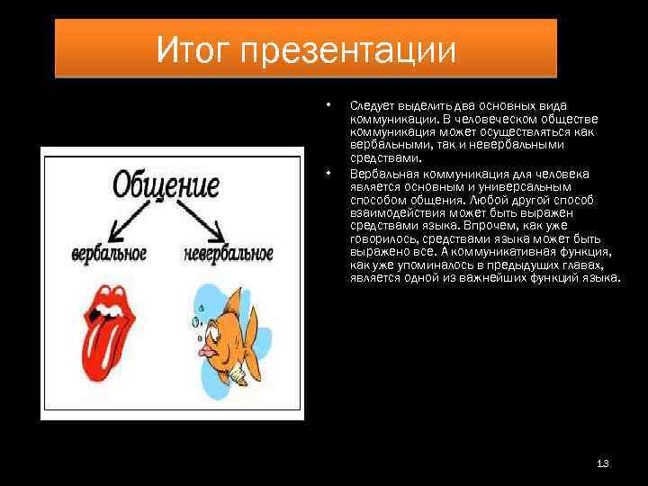Итог презентации • • Следует выделить два основных вида коммуникации. В человеческом обществе коммуникация