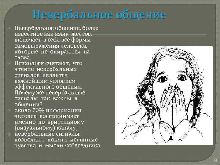 Невербальное общение Невербальное общение, более известное как язык жестов, включает в себя все формы