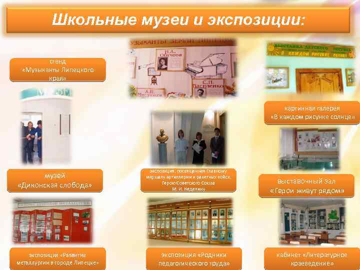 Школьные музеи и экспозиции: стенд «Музыканты Липецкого края» картинная галерея «В каждом рисунке солнце»