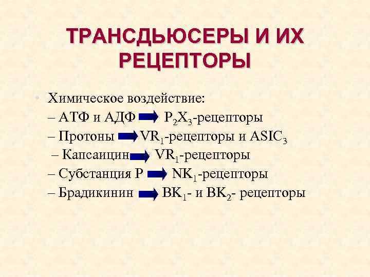 ТРАНСДЬЮСЕРЫ И ИХ РЕЦЕПТОРЫ • Химическое воздействие: – АТФ и АДФ P 2 X