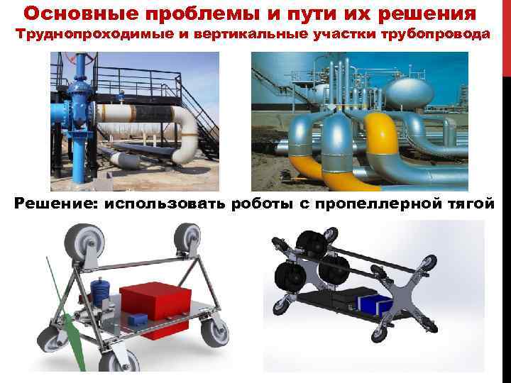 Основные проблемы и пути их решения Труднопроходимые и вертикальные участки трубопровода Решение: использовать роботы