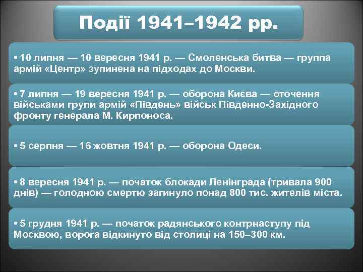Події 1941– 1942 рр. • 10 липня — 10 вересня 1941 р. — Смоленська