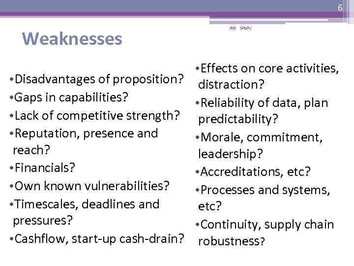 6 Weaknesses AVK SPb. PU • Effects on core activities, • Disadvantages of proposition?