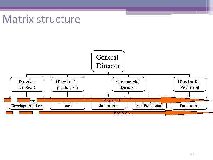 Matrix structure General Director for R&D Director for production Laboratory, Development shop Production lines