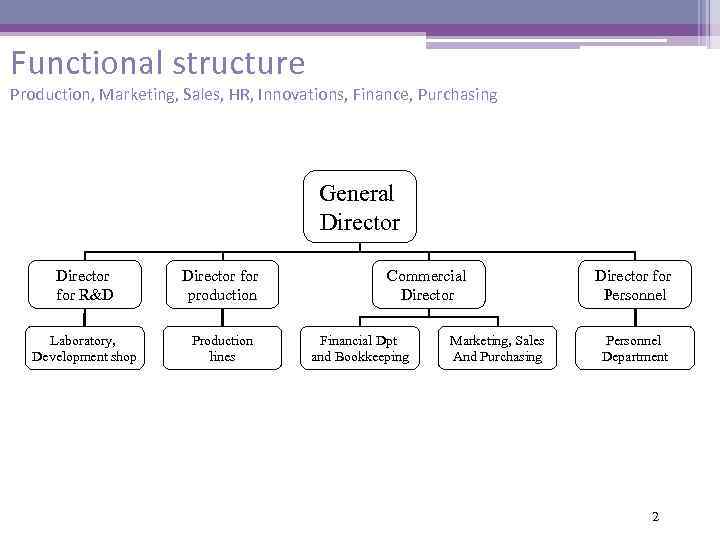 Functional structure Production, Marketing, Sales, HR, Innovations, Finance, Purchasing General Director for R&D Director
