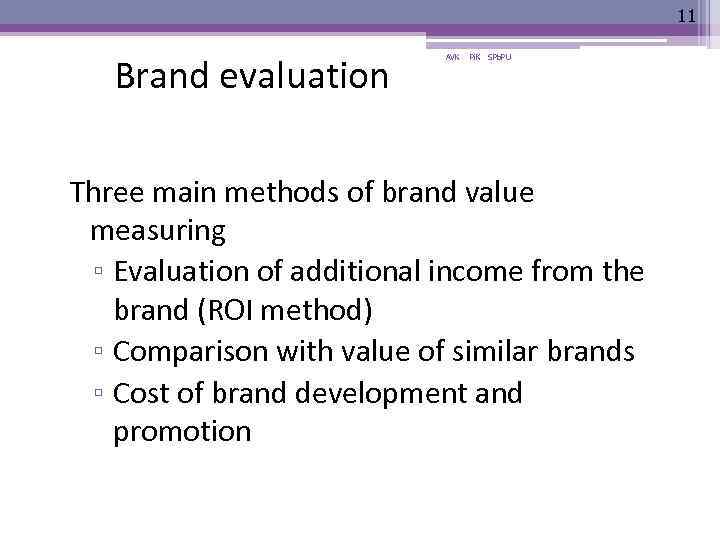 11 Brand evaluation AVK Pi. K SPb. PU Three main methods of brand value
