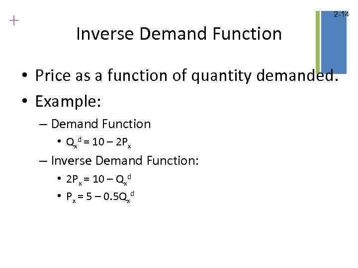 + 2 -14 Inverse Demand Function • Price as a function of quantity demanded.