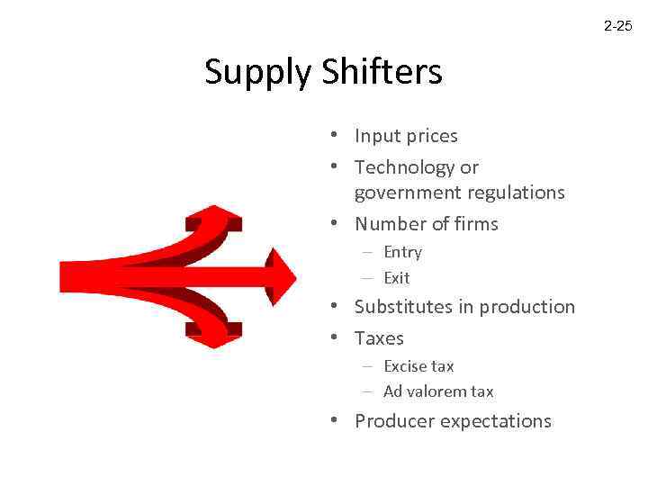 2 -25 Supply Shifters • Input prices • Technology or government regulations • Number