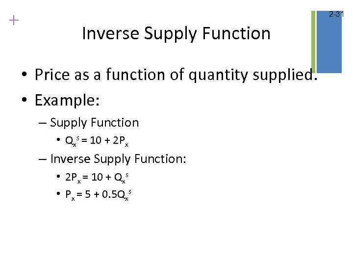 + 2 -31 Inverse Supply Function • Price as a function of quantity supplied.