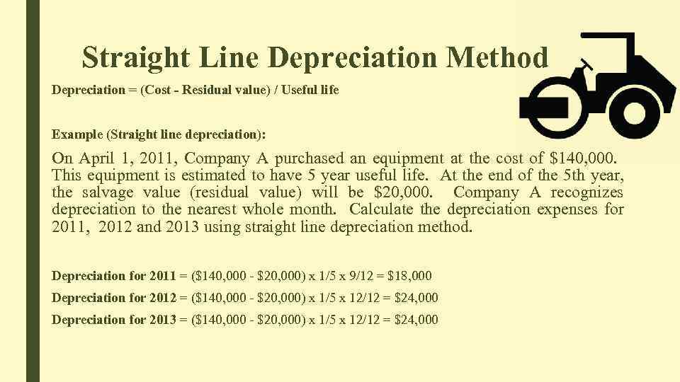 Straight Line Depreciation Method Depreciation = (Cost - Residual value) / Useful life Example