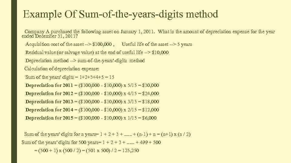 Example Of Sum-of-the-years-digits method Company A purchased the following asset on January 1, 2011.