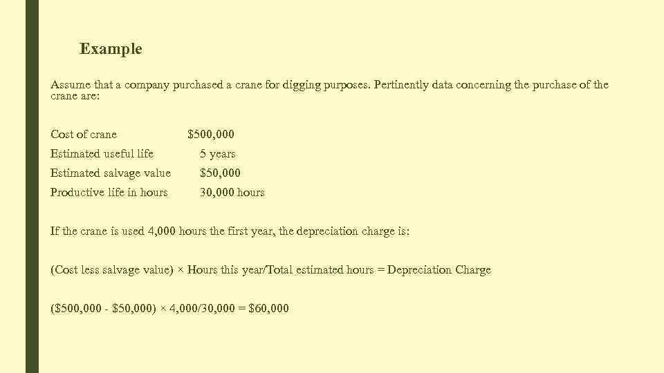 Example Assume that a company purchased a crane for digging purposes. Pertinently data concerning